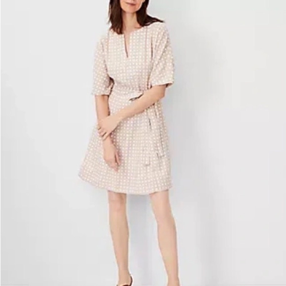 Ann Taylor Lattice Linen Blend Split Neck Flare Dress NWT SIZE 10